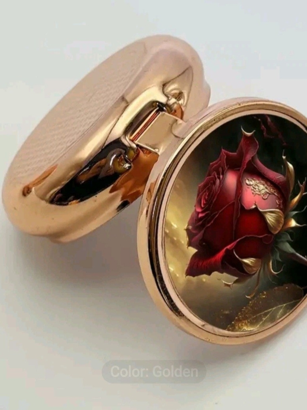 Elegant Rose Gold Case W/Red Rose Personal Pill Box W/3 Compartments & Mirror. - Picture 2 of 8